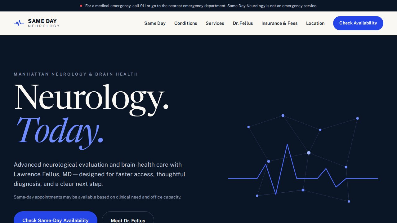 Same Day Neurology — Manhattan neurology practice site with an AI patient assistant